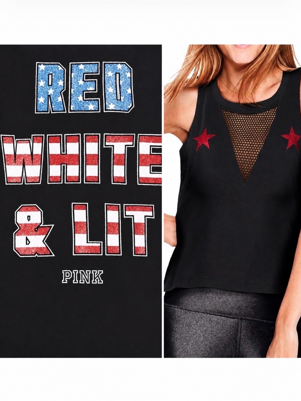 Victorias Secret PINK ‘Red, White & Lit’ 4th of July Stars Mesh Muscle Tank Top